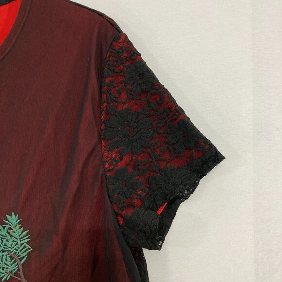 Carole Little size XL Black Red Mesh Lace Asian Print Whimsigoth Y2K Stretch Top - Picture 3 of 11